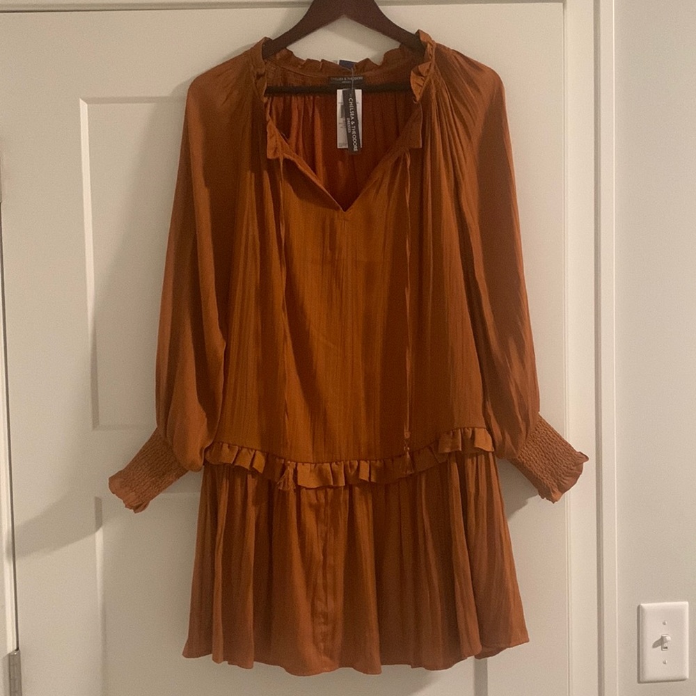 Chelsea & Theodore Fall Pleated Mini Dress with Tassels